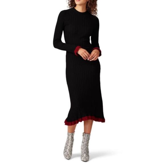 Veda Black Figgy Dress red ruffle trim ribbed sweater knit women’s large - Picture 1 of 7